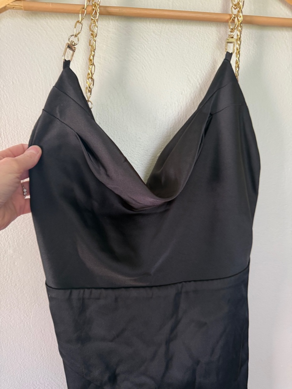 Black Backless Slip Dress with Gold Chain Straps - Picture 2 of 7